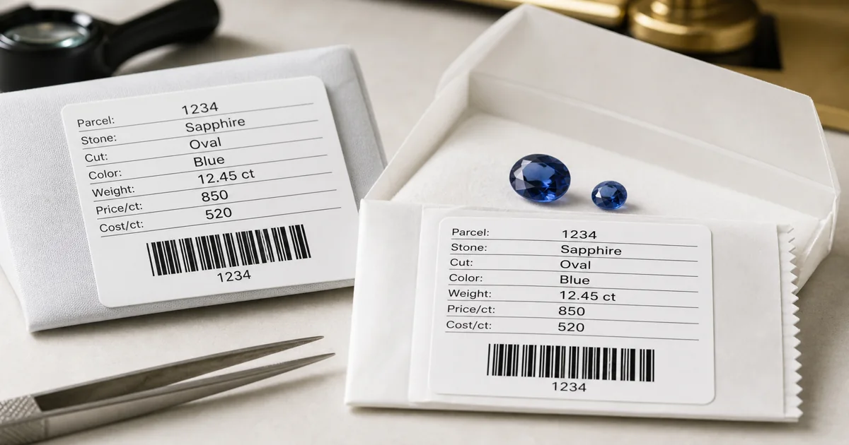 Gemstone parcel labels with barcode 1234 for blue oval sapphire inventory