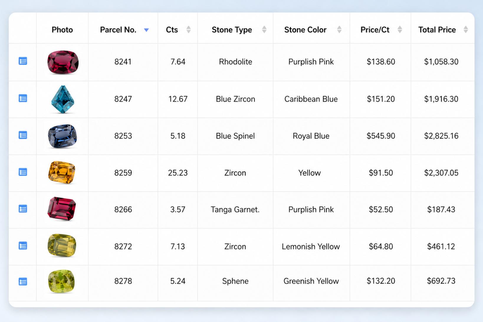 Gemstone inventory software screen showing parcels and stock details