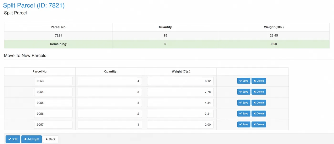 Gemstone parcel costing workflow showing a parcel split with sold and remaining balances